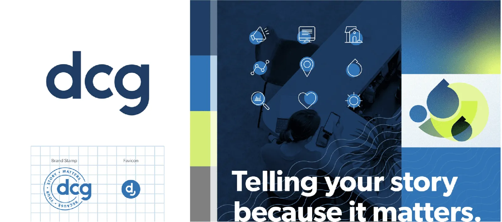 Brand slide: the dcg wordmark with its construction grid and seal, beside a navy panel reading “Telling your story because it matters.”