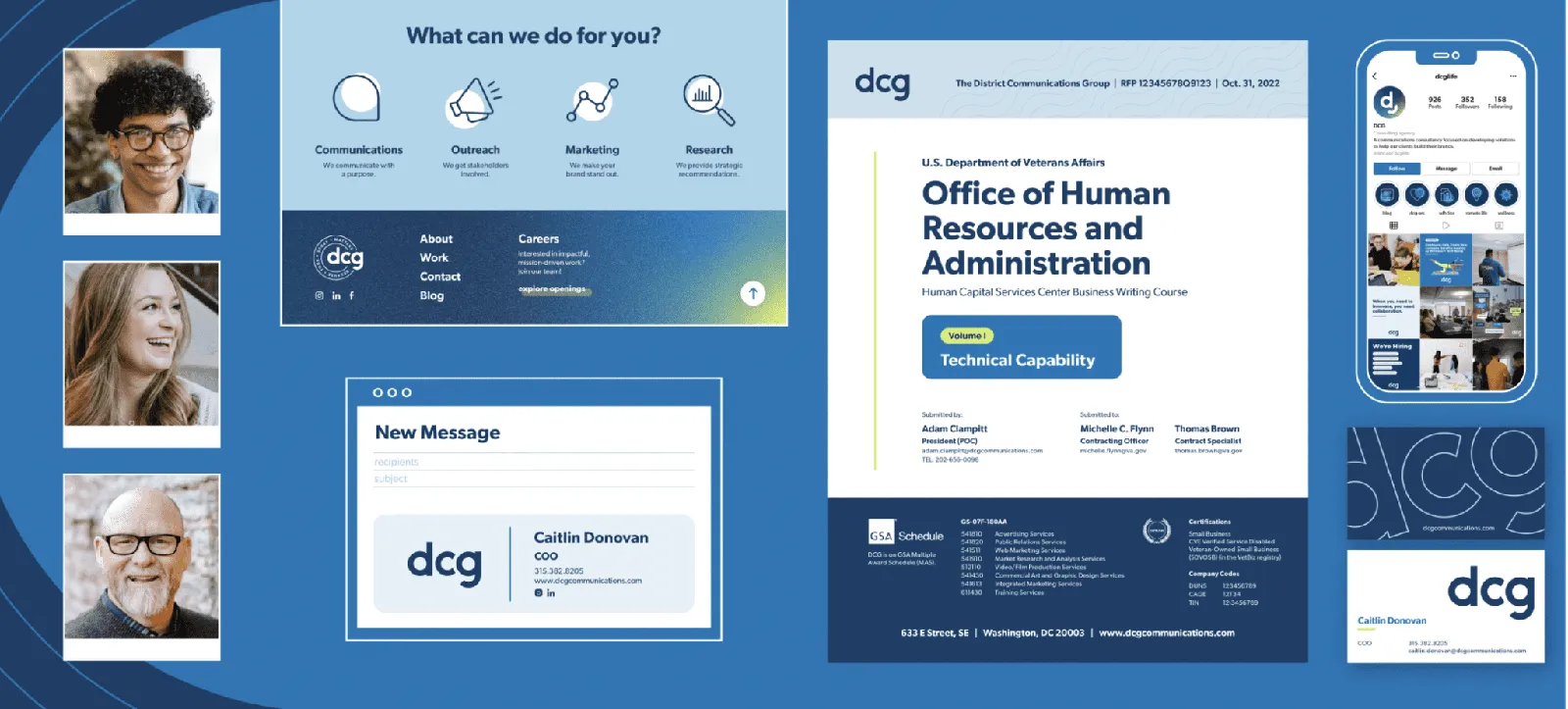 Brand applications: staff headshots, a “What can we do for you?” capability graphic, an email signature, a capability statement sheet and the site on a phone.