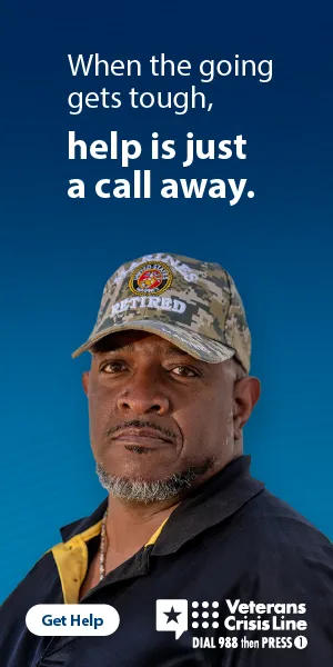 Paid media banner over a Veteran in a cap: “When the going gets tough, help is just a call away.” with a Get Help button.