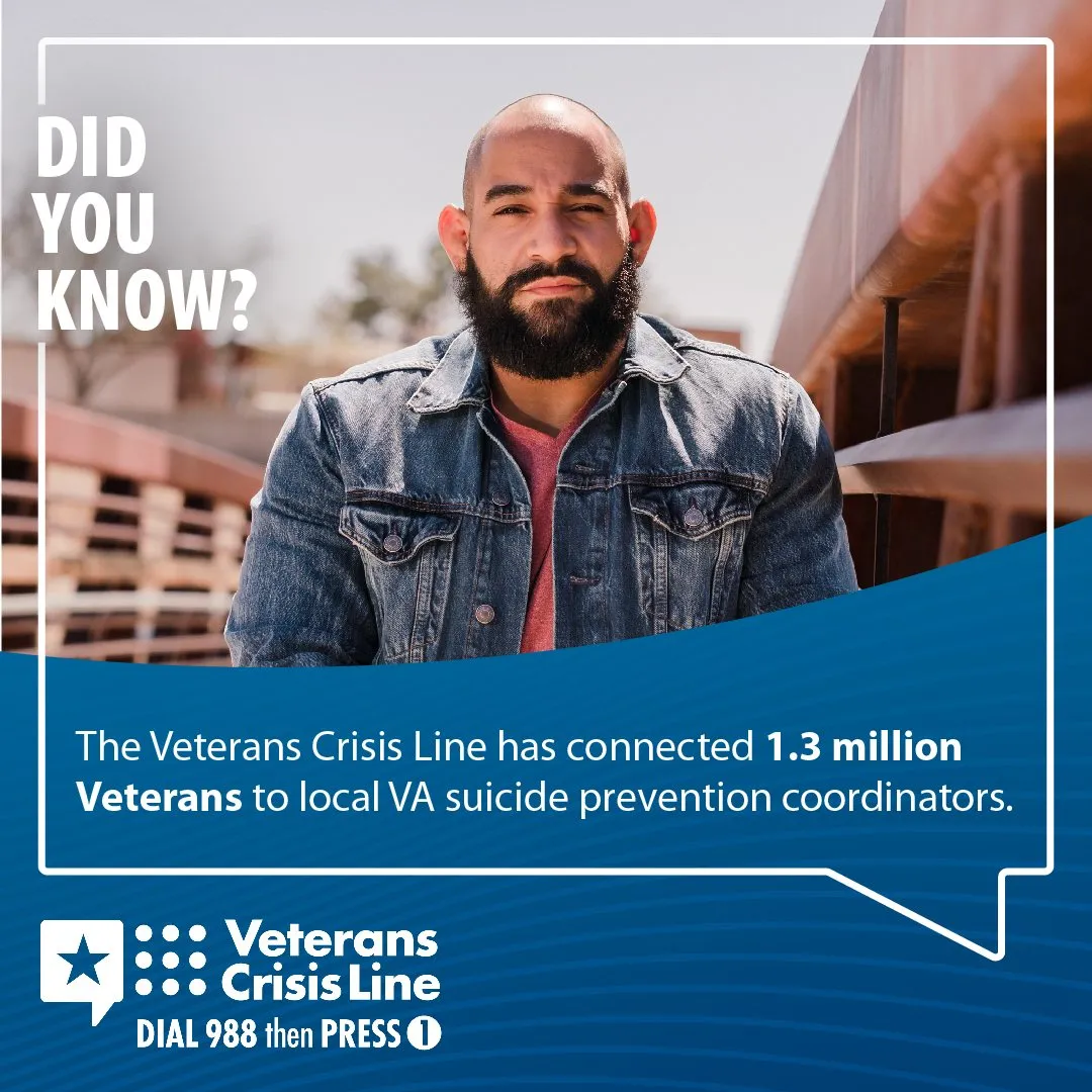 “DID YOU KNOW?” social graphic over a bearded Veteran in a denim jacket: “The Veterans Crisis Line has connected 1.3 million Veterans to local VA suicide prevention coordinators.”