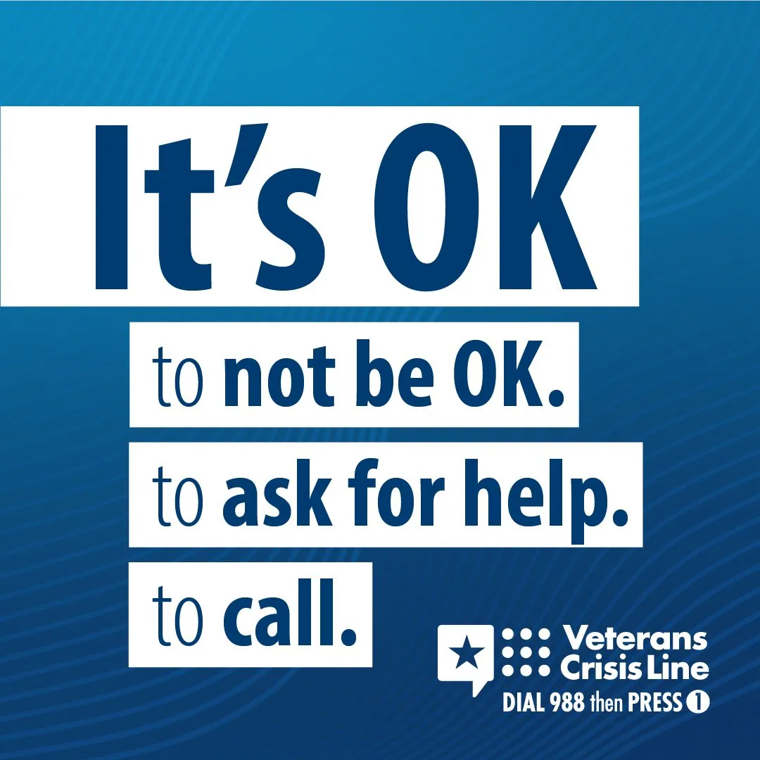 Social graphic set in stacked white panels: “It's OK to not be OK. to ask for help. to call.”