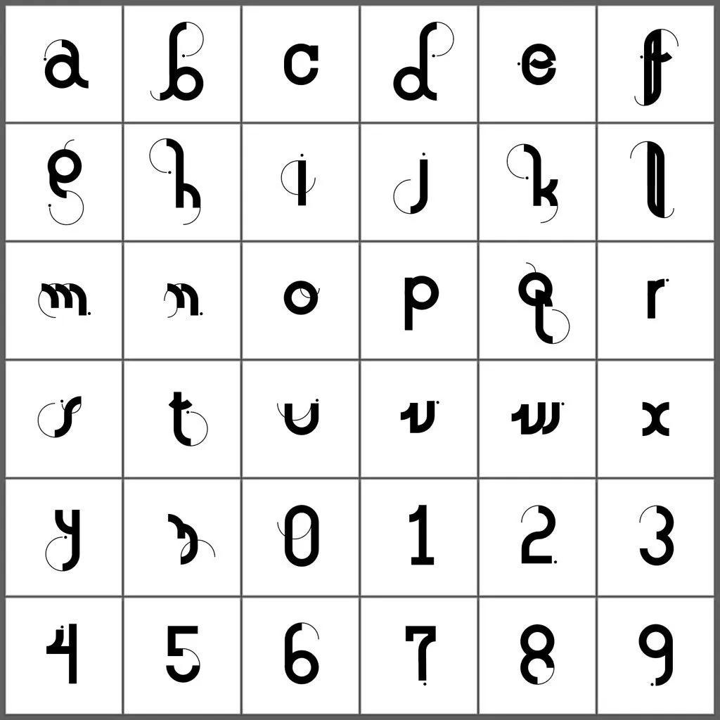 The finished set: twenty-six letters and ten numerals in a six-by-six grid, each built from the same four elements.