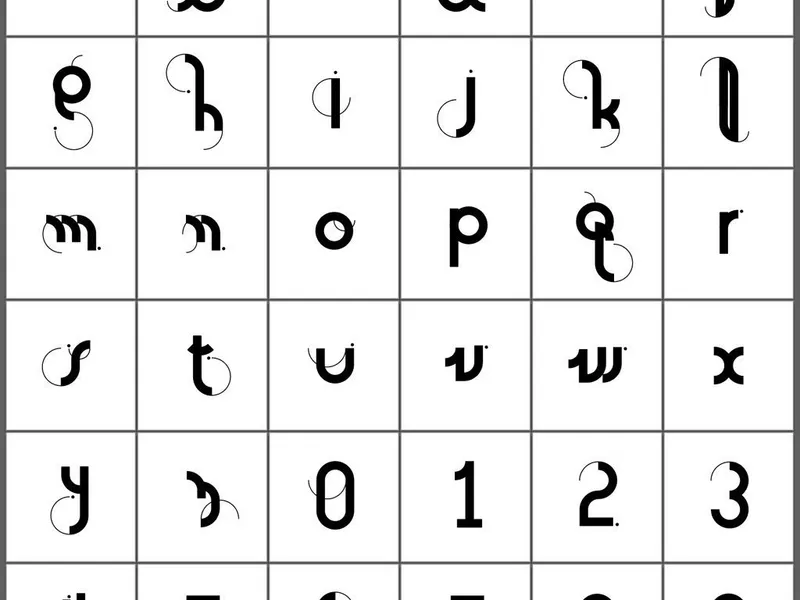 All twenty-six letters and ten numerals of the series laid out in a six-by-six grid.