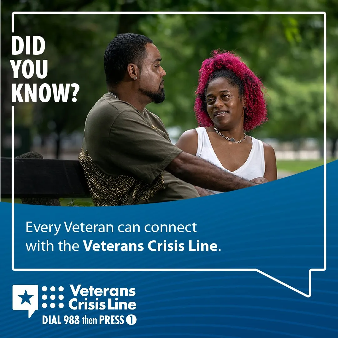 “DID YOU KNOW?” social graphic over a couple sitting together: “Every Veteran can connect with the Veterans Crisis Line.”