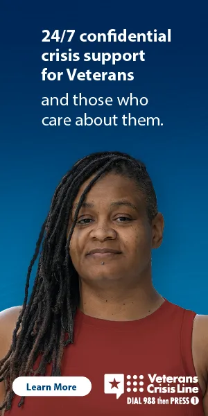 Paid media banner over a woman looking to camera: “24/7 confidential crisis support for Veterans and those who care about them.”