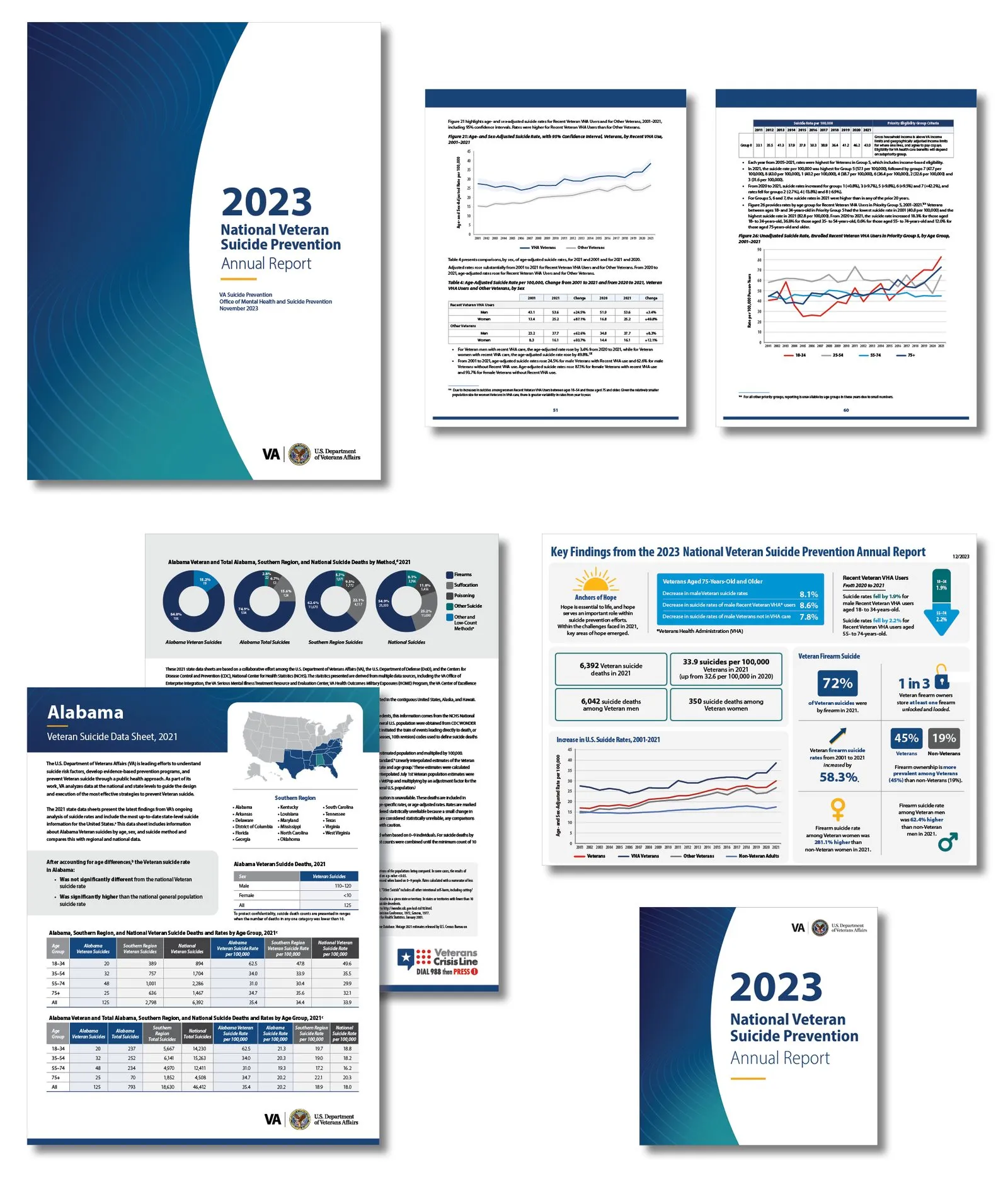 The 2023 National Veteran Suicide Prevention Annual Report: cover, interior data spreads, a state data sheet, an infographic and a social graphic.