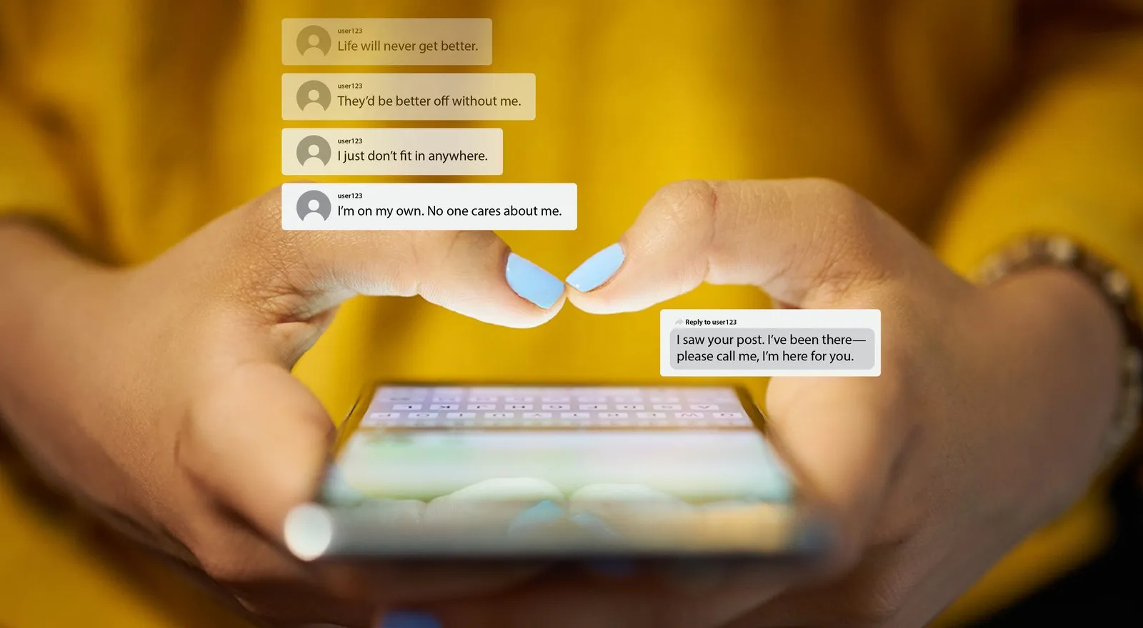 Article image: hands holding a phone with supportive chat bubbles rising from it, on a yellow ground.
