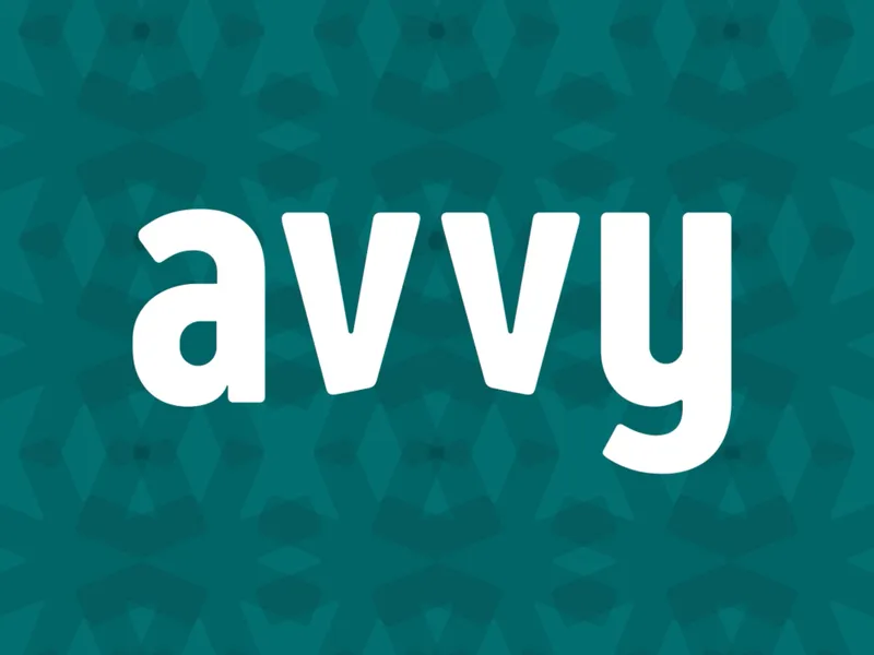 The Avvy wordmark in white on a teal ground tiled with the brand's geometric pattern.