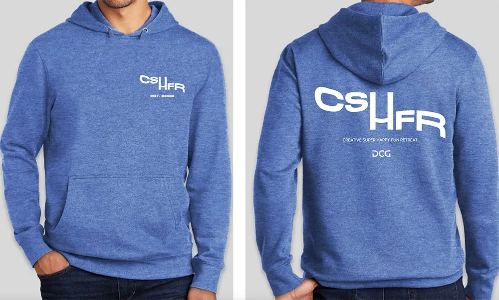 Front and back of the retreat's blue hooded sweatshirt, printed with the CSHFR monogram.