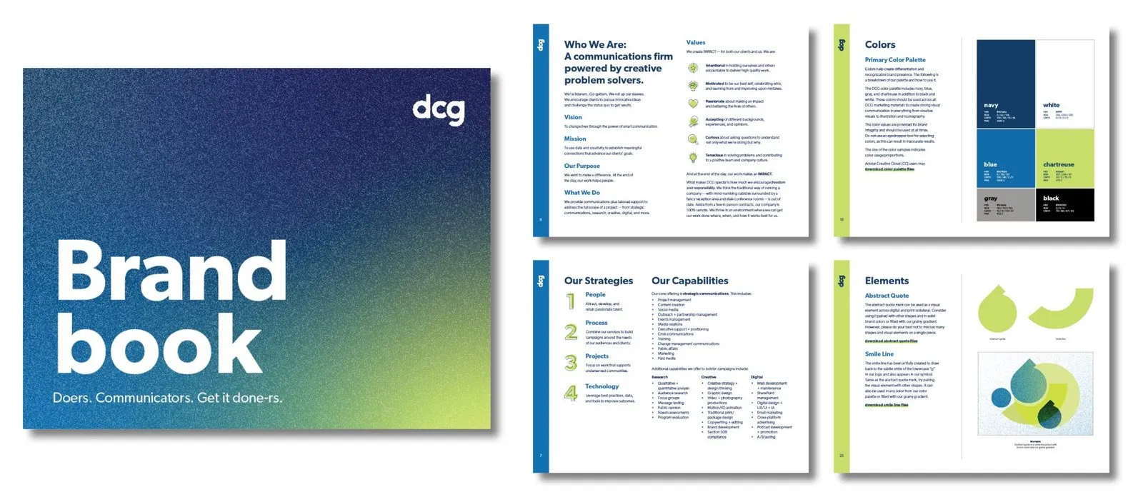 Pages from the dcg brand book: a gradient cover reading “Brand book — Doers. Communicators. Get it done-ers.” beside spreads on strategy, capabilities, colour and brand elements.
