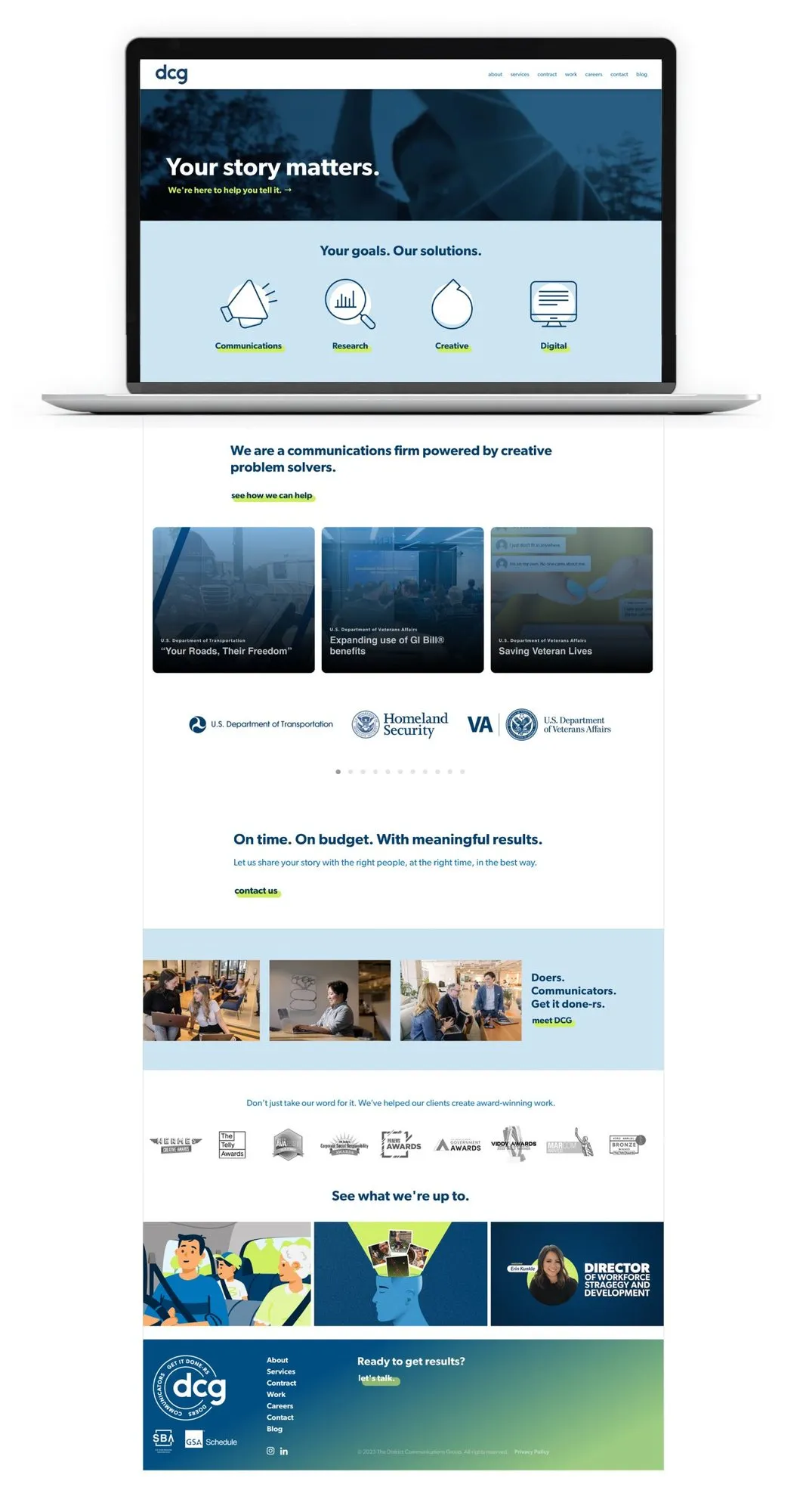 The refreshed dcg homepage on a laptop: a “Your story matters.” hero, a four-icon capability row, case-study cards and a federal client logo strip.