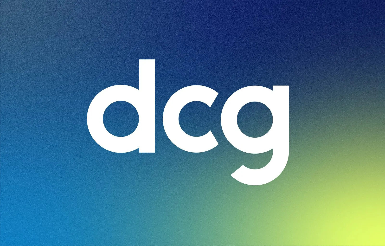 The lowercase dcg wordmark reversed out in white on a deep blue-to-lime gradient.