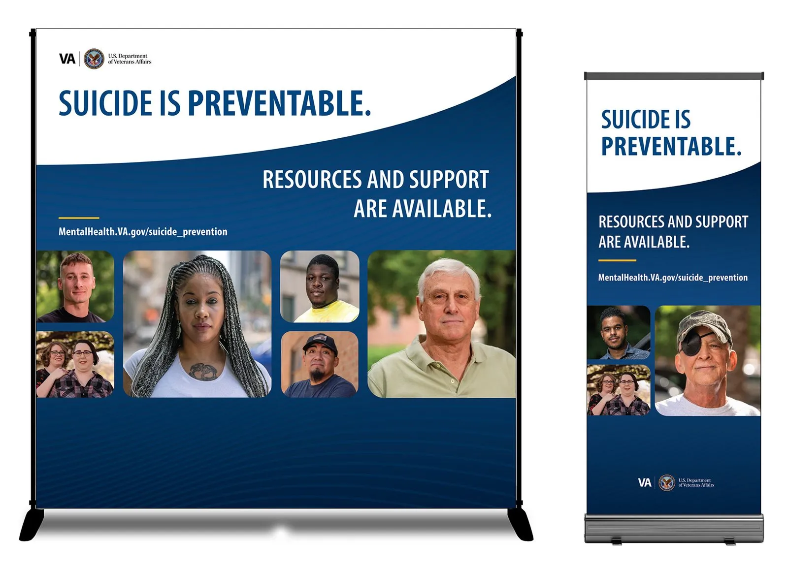 Two roll-up banner designs reading “Suicide is preventable. Resources and support are available.” over a grid of Veteran portraits.