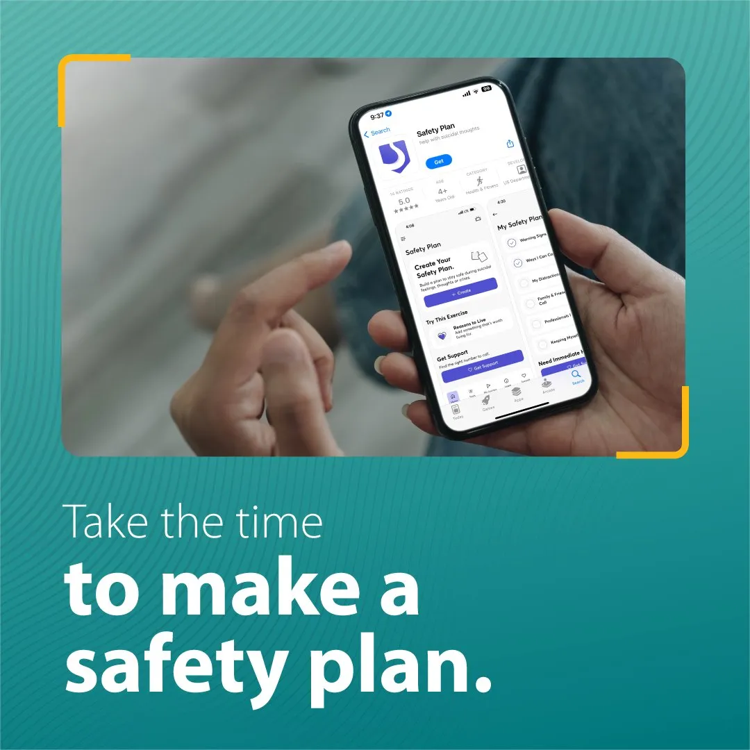 Social graphic over a hand holding a phone: “Take the time to make a safety plan.”