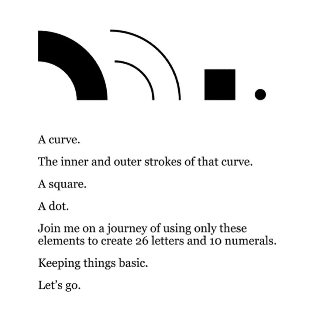Opening post of the series: a curve, the inner and outer strokes of that curve, a square and a dot, above the rules Kristen set herself for the challenge.