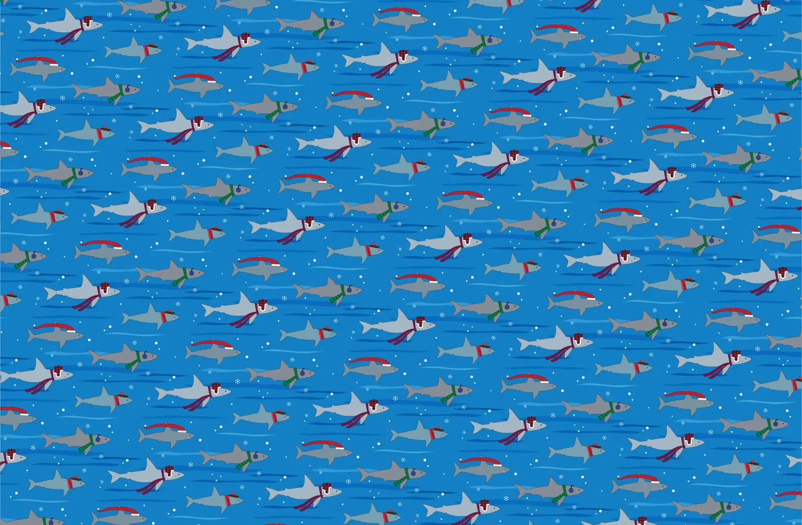 Wrapping paper pattern of sharks in Santa hats and scarves swimming across bright blue water.