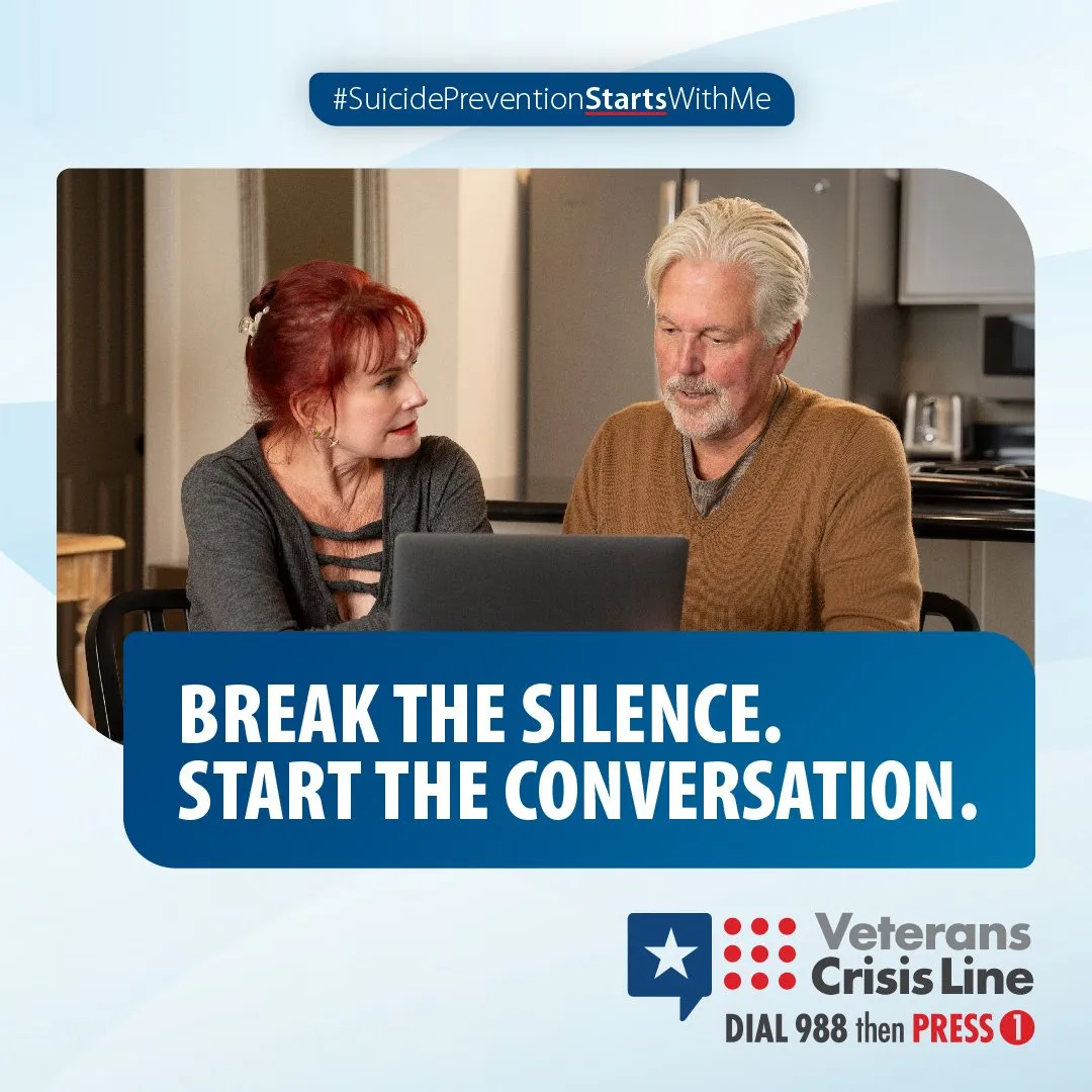 #SuicidePreventionStartsWithMe social graphic over two people at a laptop: “Break the silence. Start the conversation.”