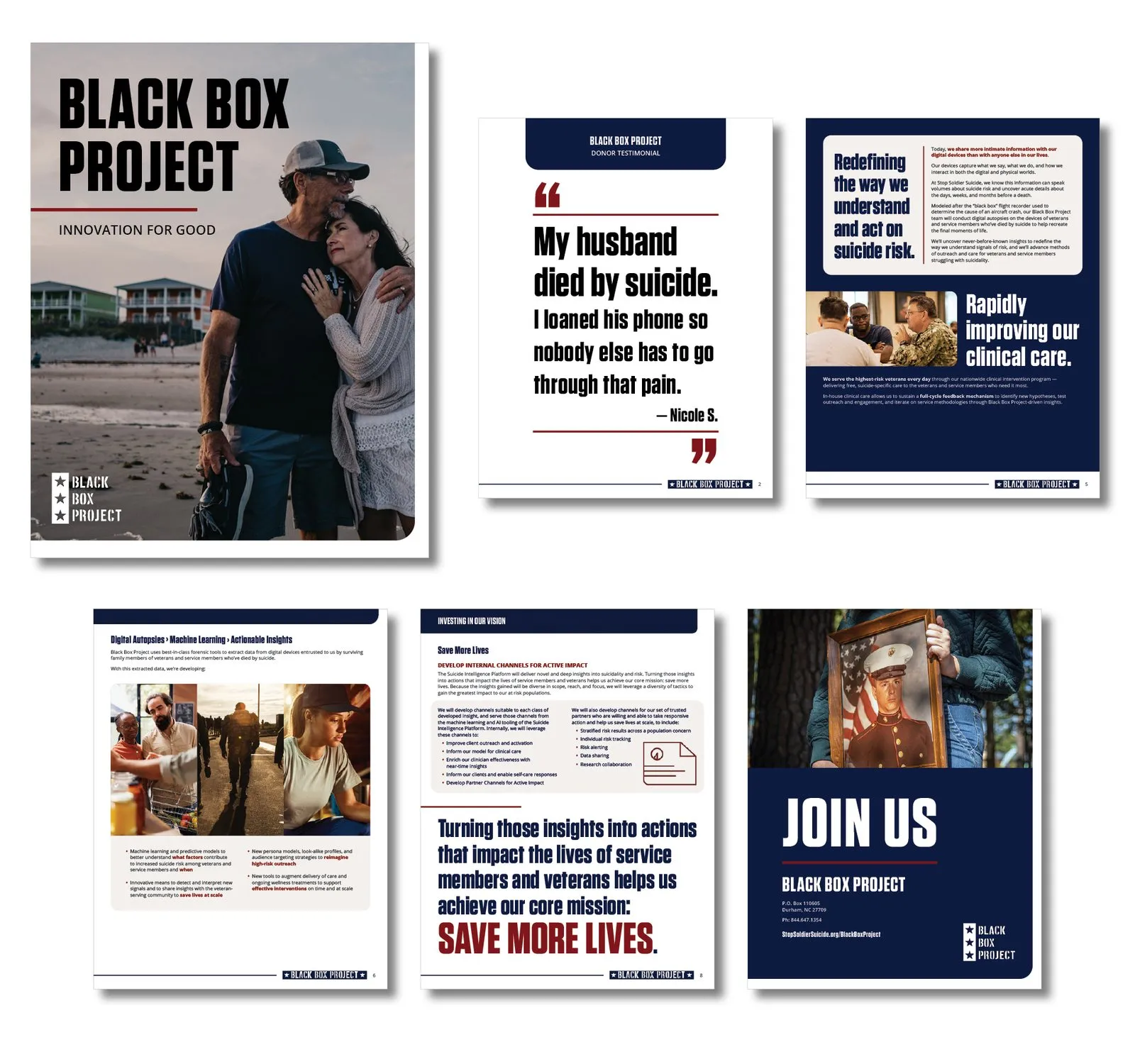 Black Box Project materials: an “Innovation for good” cover, pull-quote and explainer cards, a fact sheet, and a navy “Join us” recruitment piece.