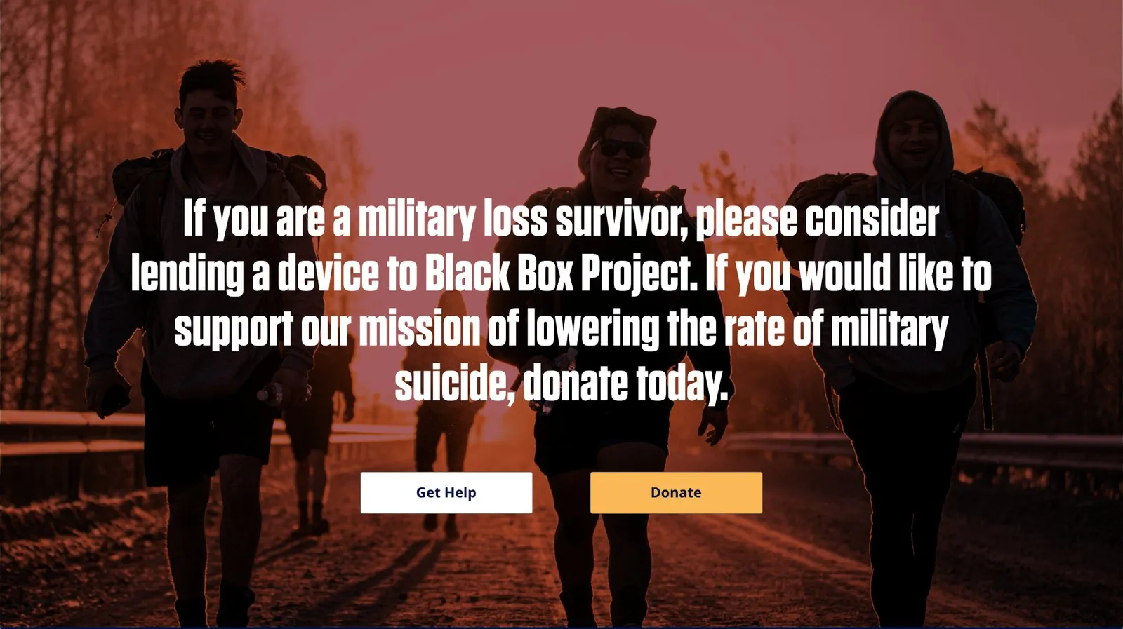 The closing call to action over a photograph of three people walking at dusk, with Get Help and Donate buttons.