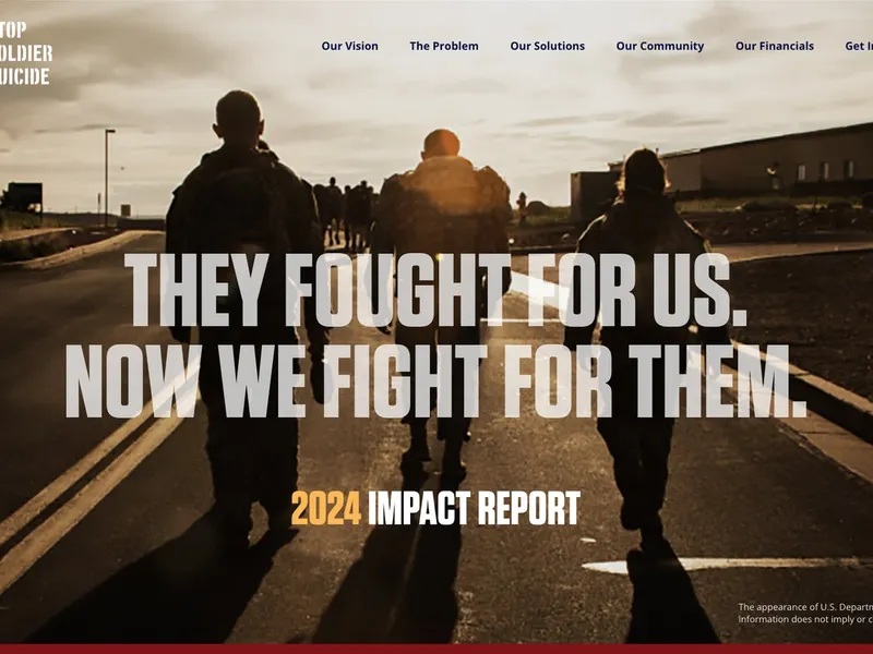 The Stop Soldier Suicide 2024 Impact Report landing page: soldiers walking away down a road at sunrise under the headline “They fought for us. Now we fight for them.”