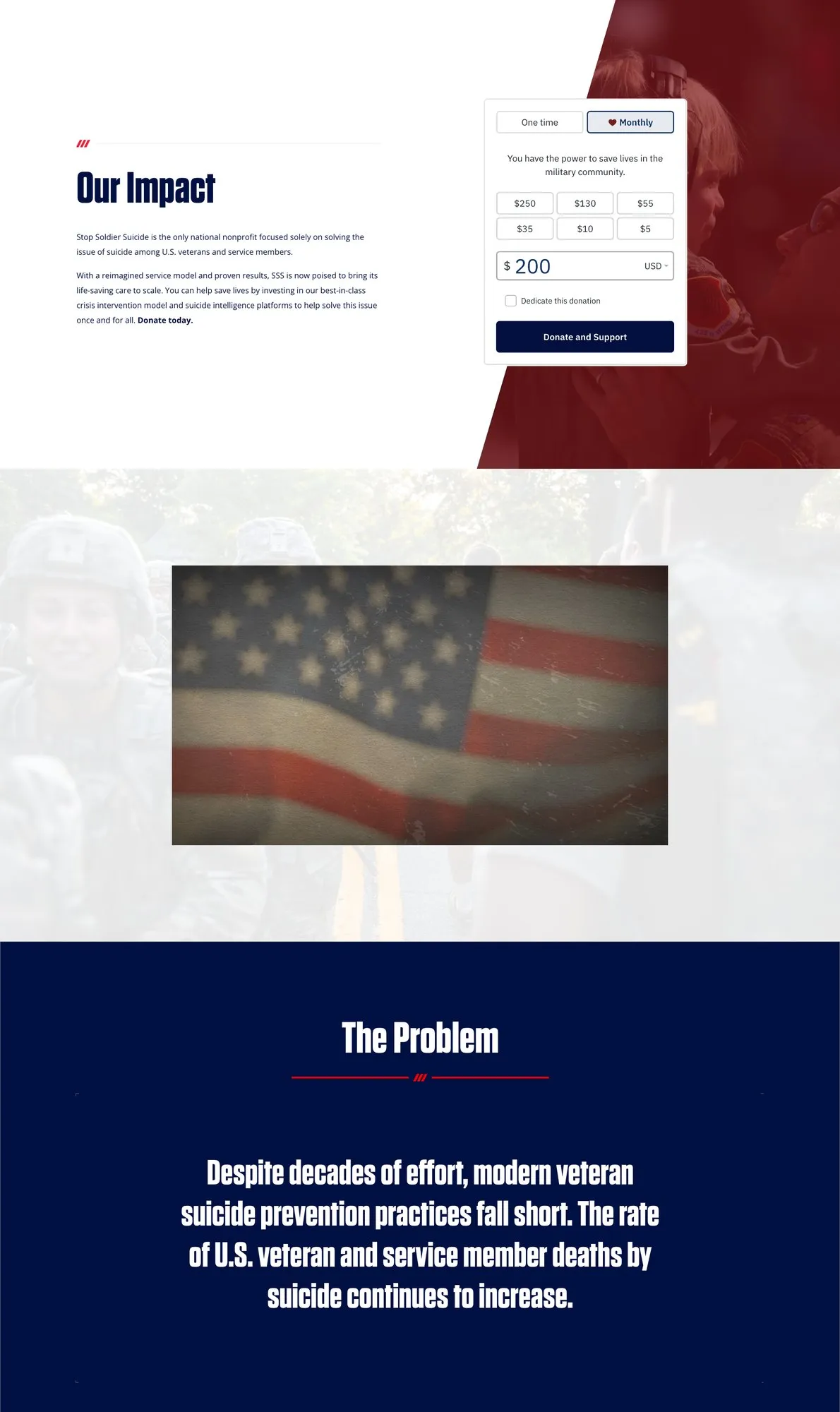 Further down the page: an “Our Impact” section with a donation panel, a photograph of a folded flag, and a navy “The Problem” block.