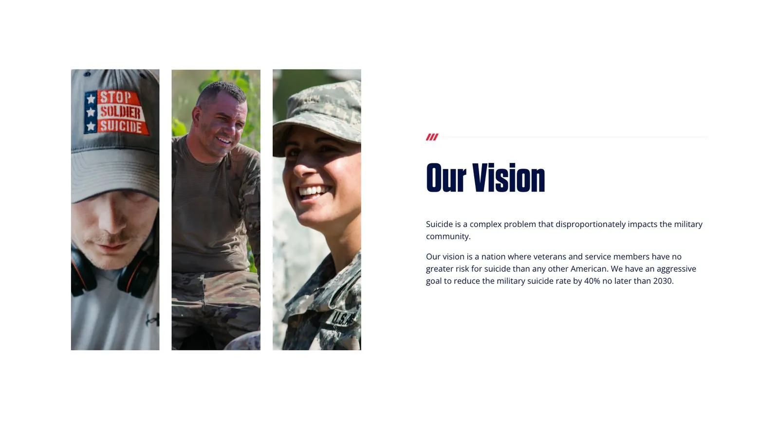 The landing page's “Our Vision” section: three portraits of service members beside copy on reducing the military suicide rate.