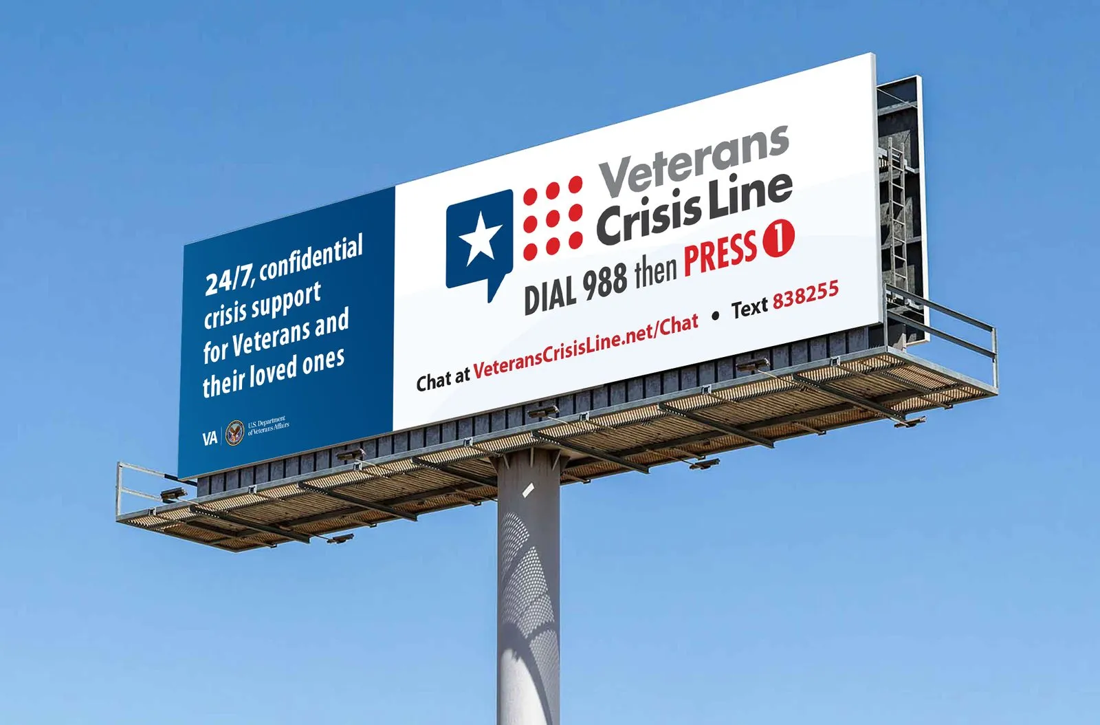 A roadside billboard: “24/7 confidential crisis support for Veterans and their loved ones”, with the Dial 988 then Press 1 lockup.