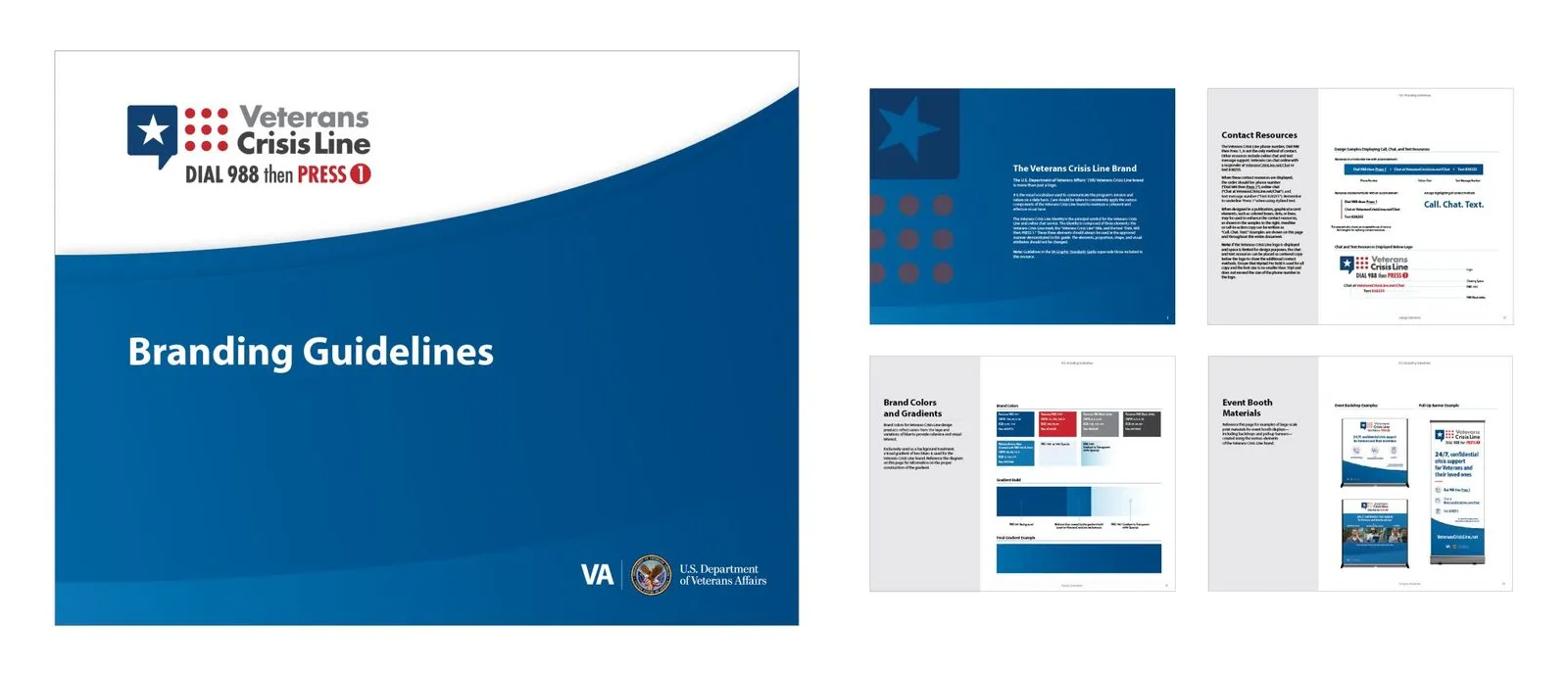 The Veterans Crisis Line Branding Guidelines cover beside interior spreads on logo use, colour and type.