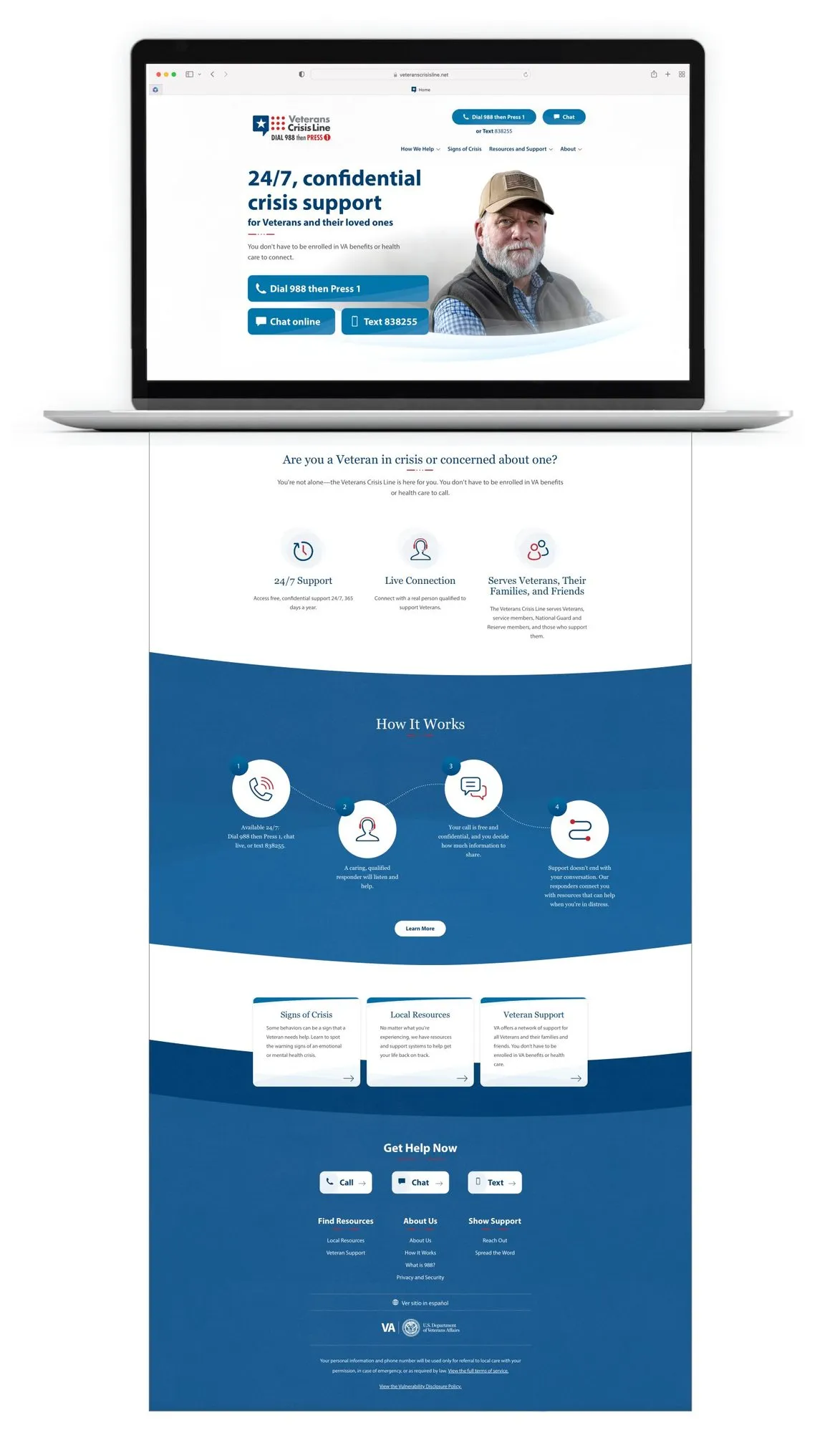 The refreshed VeteransCrisisLine.net homepage on a laptop, led by a “24/7 confidential crisis support” panel over a portrait of a Veteran.
