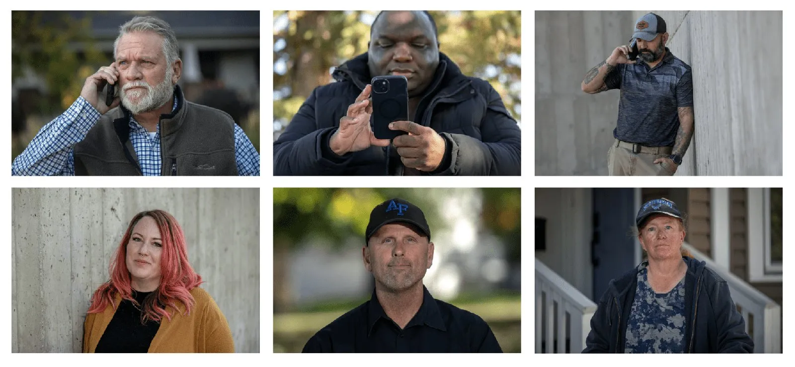 A contact strip of Veteran portraits selected from the campaign photo shoots.