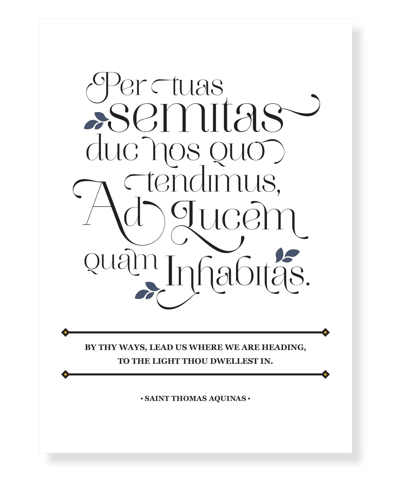 A wedding program cover lettering a line of Saint Thomas Aquinas — “Per tuas semitas duc nos quo tendimus, Ad Lucem quam Inhabitas.” — in navy script and flourishes.