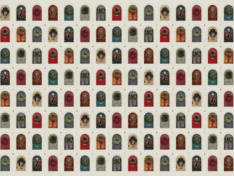 Wrapping paper pattern of arched front doors, each hung with a different holiday wreath, repeating in rows on a pale ground.